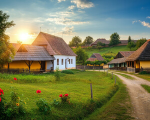 Fantasy summer scene of traditional romanian peasant houses. Beauty of countryside rural scene in Transylvania. Romania, Europe