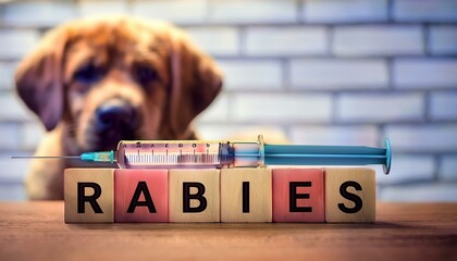 A cute dog behind a syringe and wooden blocks spelling 'rabies', highlighting the importance of vaccinations for pets.
