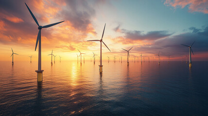 A large group of wind turbines are in the water