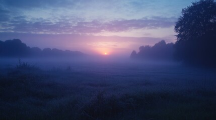 Fototapeta premium A serene sunrise over a misty landscape, evoking tranquility and natural beauty.
