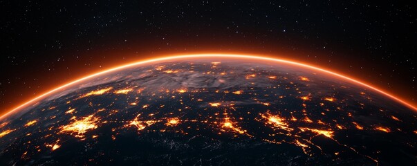 Obraz premium A futuristic view of Earth at night, illuminated by glowing data lines and nodes, representing global internet connectivity and the spread of digital information