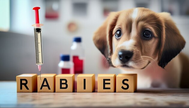 Cute puppy with rabies vaccine syringe and blocks spelling 'RABIES'. Promotes pet health and safety awareness.