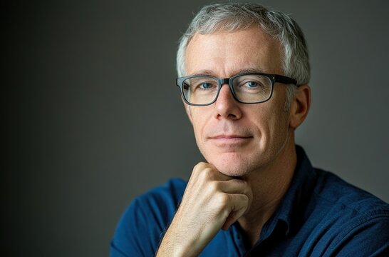 portrait of a man, aged around 40 years old, with glasses and short grey hair, wearing a blue shirt, looking at the camera and appearing to be deep in thought