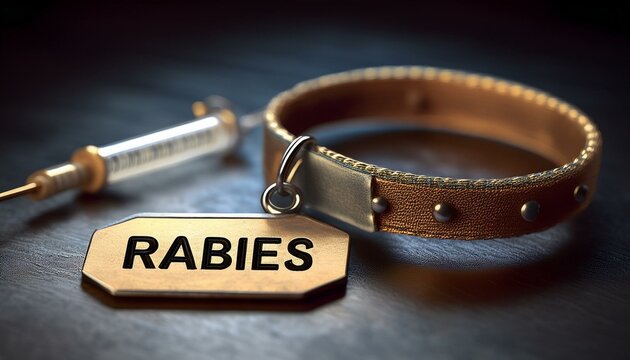 A close-up of a rabies collar tag with a syringe, symbolizing pet vaccination and health awareness.