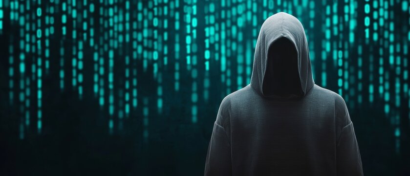 A lone figure in a hoodie, binary code streaming in the background, cybercrime and digital espionage theme