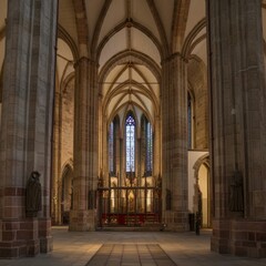 Fototapeta premium A view from below of four columns supporting the high, arched ceiling of Medieval Cathedral