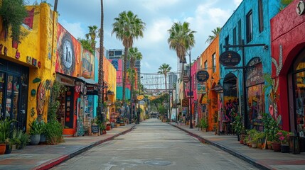 Colorful street lined with shops and palm trees in a vibrant area.