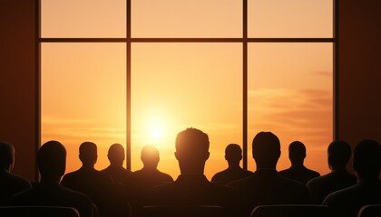 A professional conference room filled with attentive participants listening to a speaker, with soft lighting coming through the large windows, emphasizing learning and collaboration
