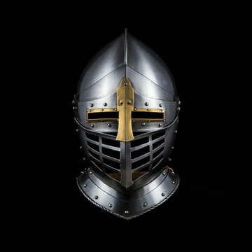 Medieval armor protection. Knight helm on black background