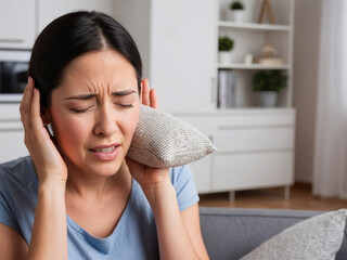 A distressed woman is seen sitting on a couch, pressing a pillow to her ears to block out noise. Her facial expression reflects discomfort, likely due to loud sounds or ear pain. 