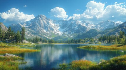 Serene mountain landscape with a tranquil lake and vibrant flora.