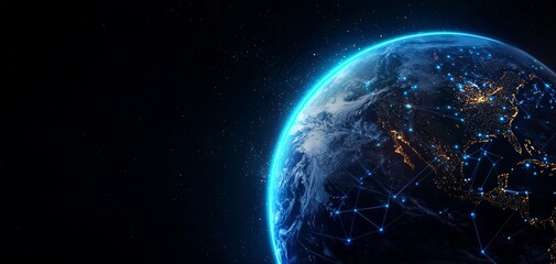 A view of Earth at the forefront of the digital age, with blue data streams and bright, glowing connections radiating across the planet, symbolizing technological advancement