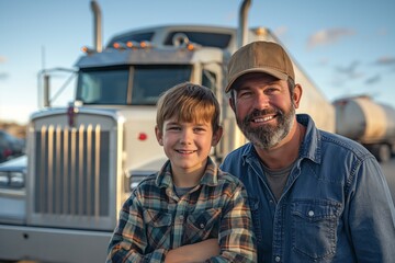 Father and son satisfied trucker. family business. long distance cargo delivery. son does the same thing as father. truck drivers