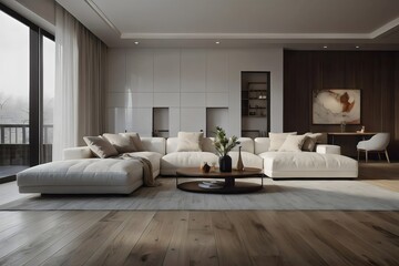 Fototapeta premium Modern living room, home interior design with comfortable with sofa, plant, cozy carpet, coffee table. Genrative AI.