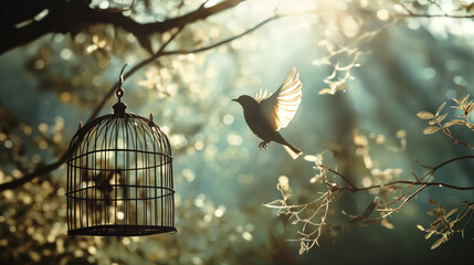A bird perched on the edge of an open cage at sunset, with a blurred gradient sky in the background, symbolizing freedom