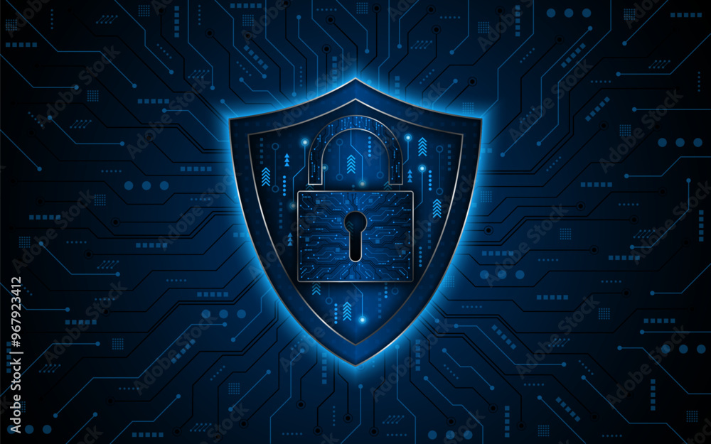 Fototapete abstract technology circuit board background. cyber ​​security concept with shield symbol and lock. 