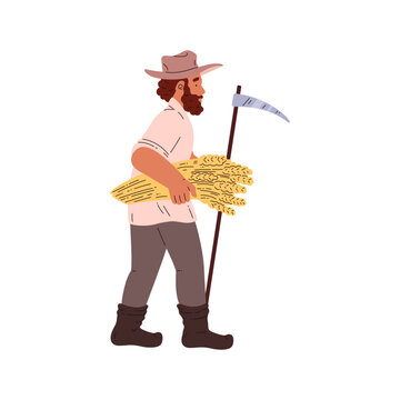In this vector cartoon illustration, a man with a scythe and wheat in his hands