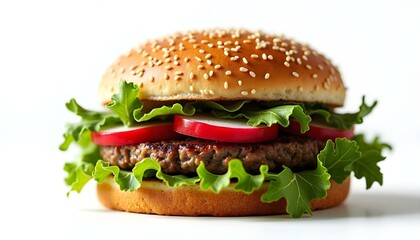 close up view of delicious vegan burger with radish and arugula on white background