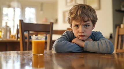 Fototapeta premium A boy at a table, looking worried at a spilled juice, hands clenched on his lap.