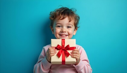 panoramic shot of smiling kid holding gift box on blue background