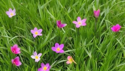 Spring flowers and fresh green grass. Plants as a background. Small whole flowers. Nature and plants.