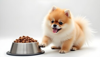 cute pomeranian spitz near bowl with dog food on white