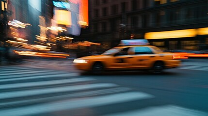 A blurred yellow taxi cab speeds through a city intersection, capturing urban movement.