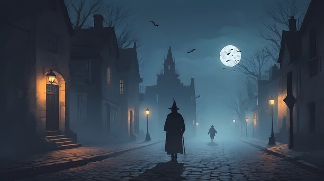 A foggy Halloween night with a lone figure walking down a cobblestone street, painted in soft brushstrokes and muted colors perfect for Halloween