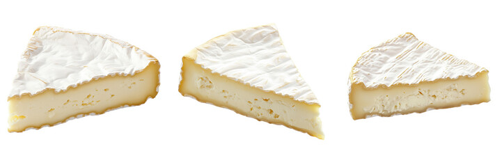 set of a piece of creamy Camembert cheese with a white edible rind on a transparent background