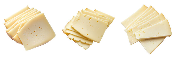 set of sliced Asiago cheese with a firm texture on a transparent background