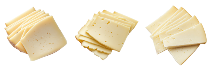 set of sliced Asiago cheese with a firm texture on a transparent background