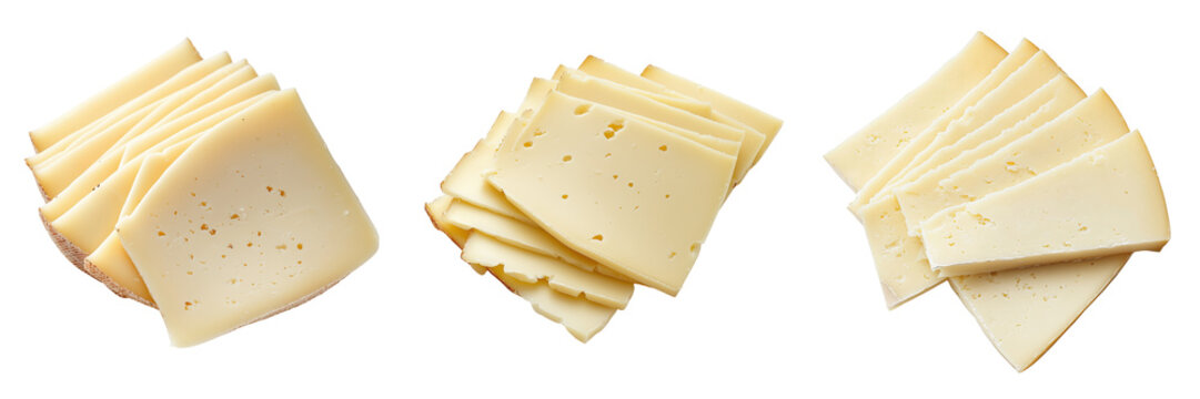 set of sliced Asiago cheese with a firm texture on a transparent background