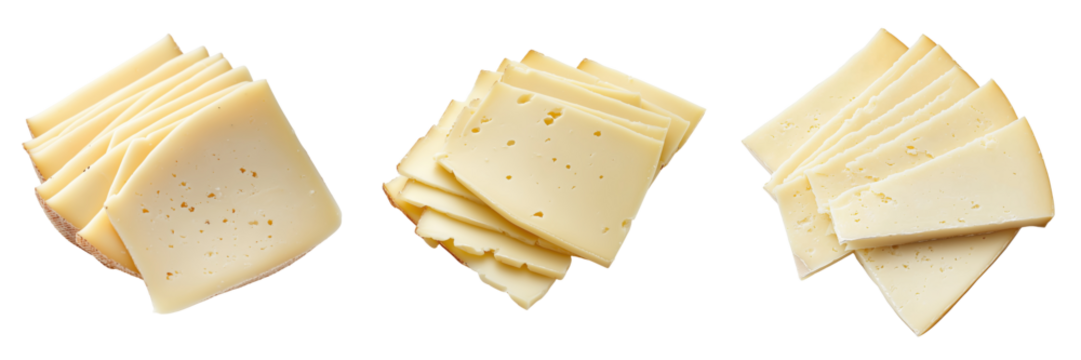set of sliced Asiago cheese with a firm texture on a transparent background