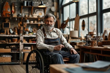 Obraz premium a disabled person works in a workshop and does repairs. A focused craftsman in a wheelchair is grinding metal parts for a customer in his workshop. Inclusion of a disabled person into society.
