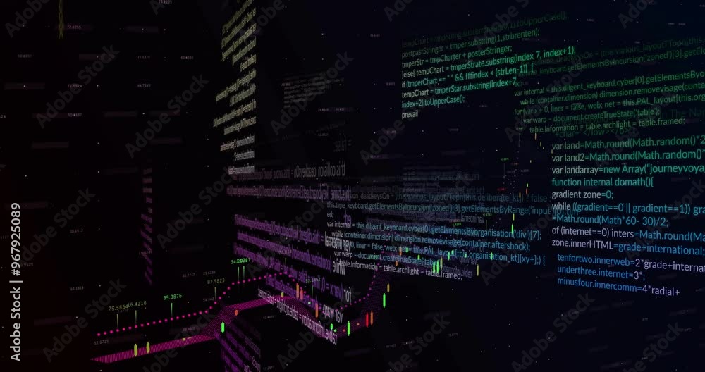 Poster animation of data processing over diagrams and stock market
