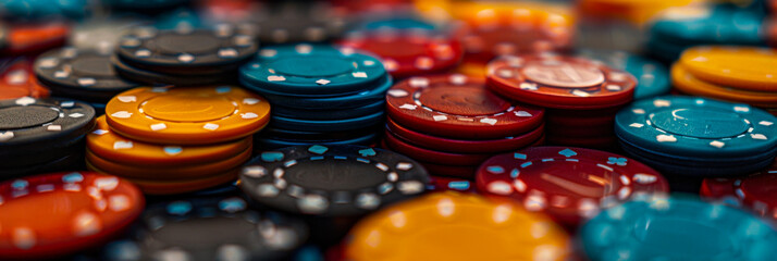 Assorted colorful poker chips close-up