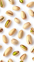 A variety of pistachio nuts on a white background.
