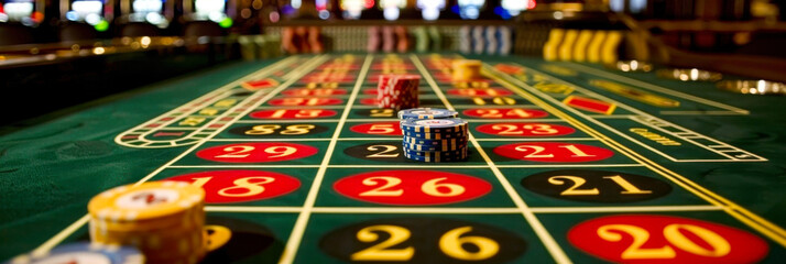 Roulette table with betting chips in a casino