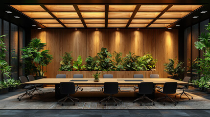 Fototapeta premium A modern conference room with a long wooden table and black chairs.