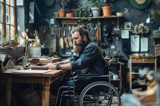 a disabled person works in a workshop and does repairs. A focused craftsman in a wheelchair is grinding metal parts for a customer in his workshop. Inclusion of a disabled person into society.