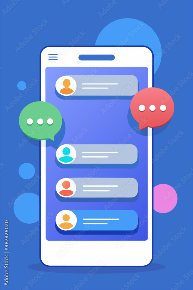 Poster phone messaging concept with speech bubbles on the screen. mobile phone texting dialogue