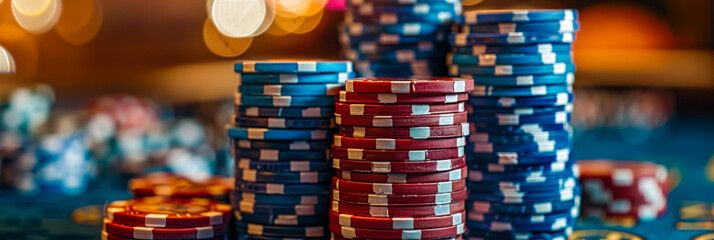 Fototapeta premium Stacks of poker chips on a casino table with bokeh lights