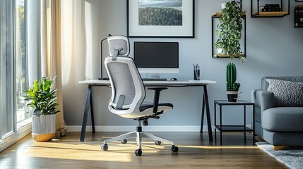Contemporary Home Office Design with Desktop Computer and Ergonomic Chair for Productivity and Comfort