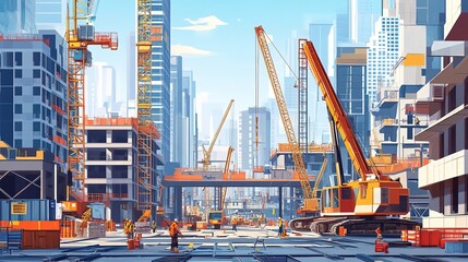Busy construction site with cranes and workers building skyscrapers.