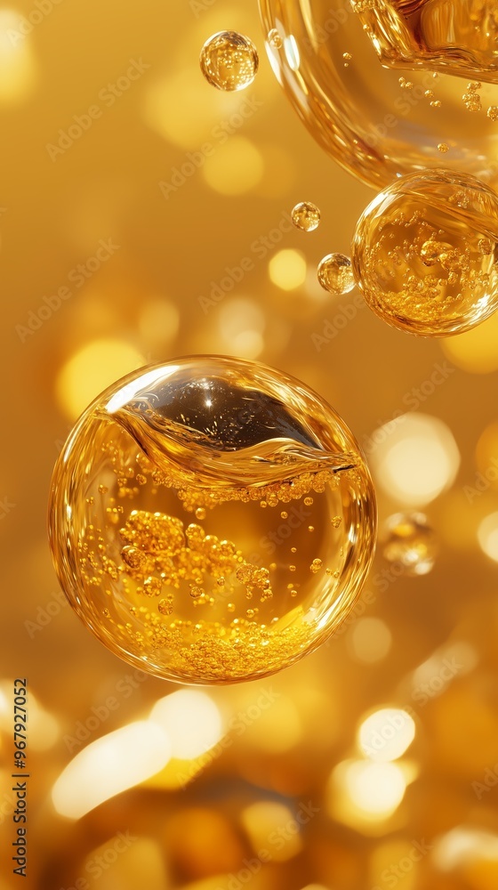 Poster bubbles of golden liquid capture sunlight in an abstract display of texture and color