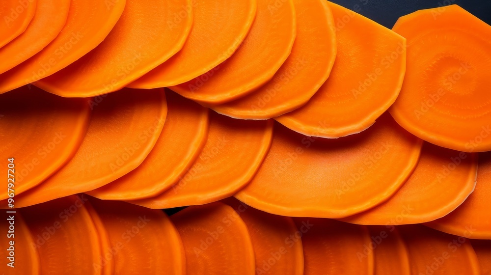 Poster thinly sliced carrots arranged in a vibrant stack on a dark background