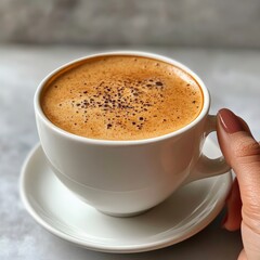 Fototapeta premium Top-Down View of Hand Holding Coffee Cup on Light Background