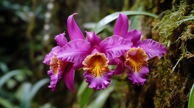 A close-up of an exotic orchid species native to the Amazon rainforest, blooming amidst the dense foliage 