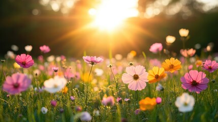 Obraz premium A field of wildflowers bathed in the golden light of the setting sun, casting long shadows across the delicate petals.