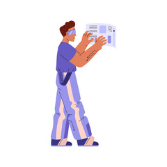 Futuristic man working with in virtual reality glasses, vector cyberpunk character digital technology evolution